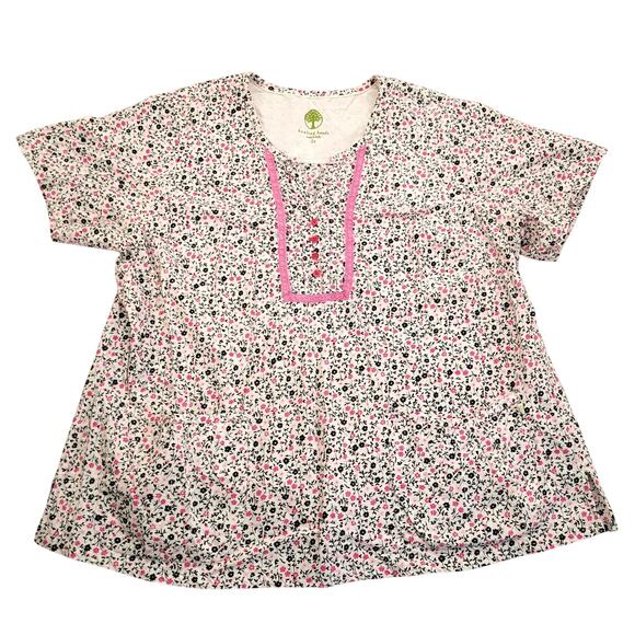 Healing Hands Scrub Top Women's 3X Pink Floral Notch Neck Placket 100% Cotton - Picture 1 of 8